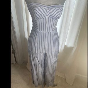 Strapless blue and white striped romper.